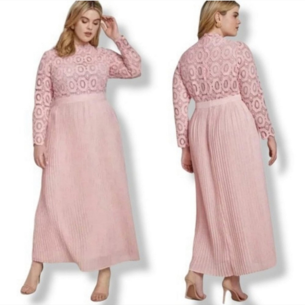 ELOQUIIELOQUII Women's Plus Size Lace Evening Dress with Pleated Skirt